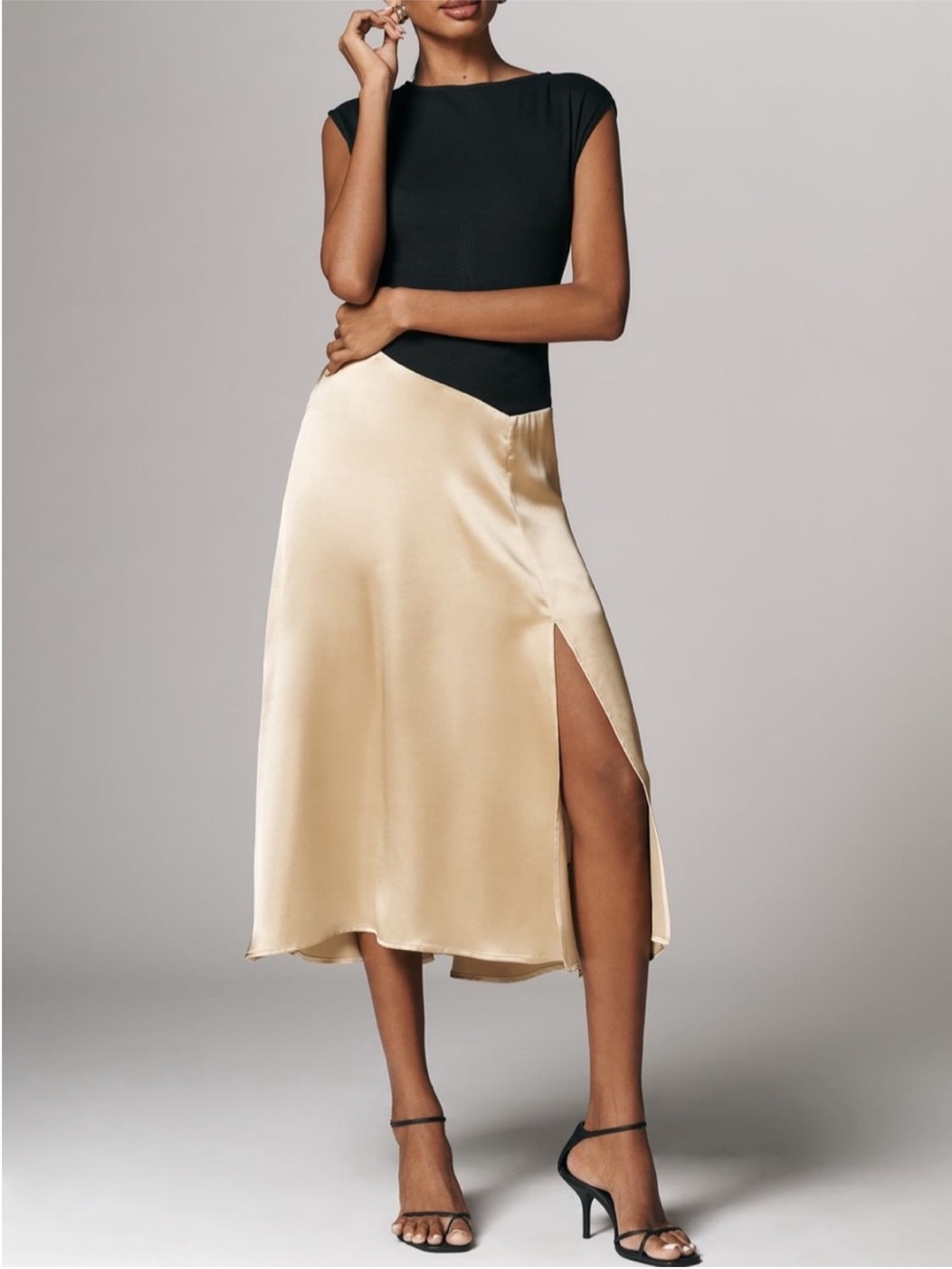 Anthropologie Cream Satin Midi dress with Side Slit